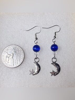 ✨Handmade✨ Silver Crescent Moon & Star Earrings w/ Royal Beads - Hypoallergenic